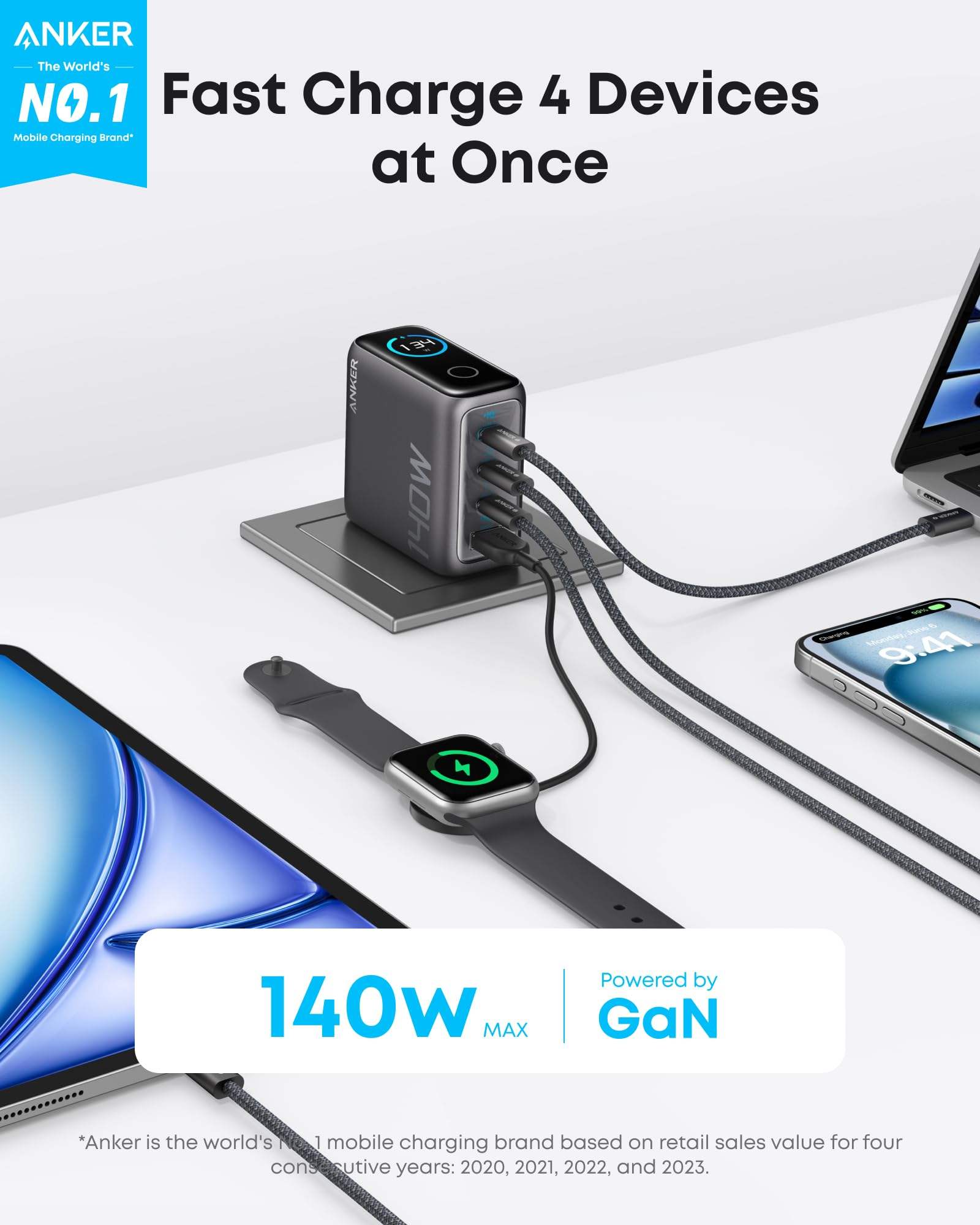 Anker Zolo - Anker Zolo Charger (140W, 4-Port, PD 3.1) with USB-C